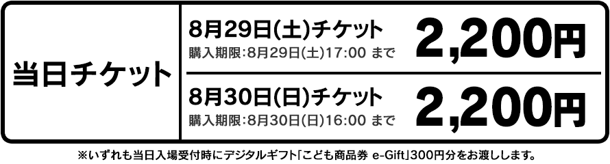 当日チケット

8月29日(土)チケット　2,200円（税込）	購入期限：8月29日(土)16:59 まで
8月30日(日)チケット　2,200円（税込）	購入期限：8月30日(日)15:59 まで
※いずれもデジタル商品券「こども商品券e-Gift」 300円分含む